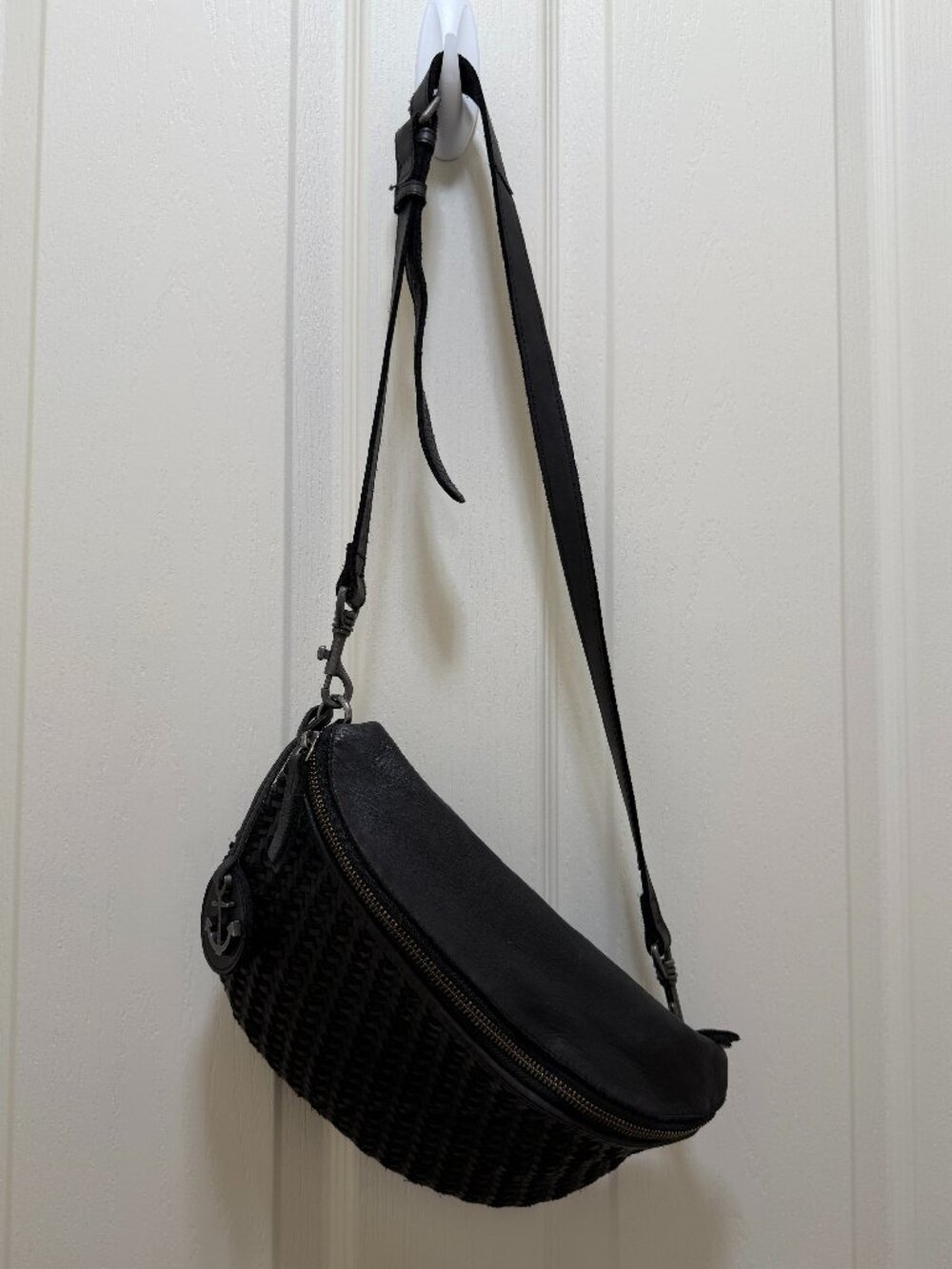 Harbour 2nd Leather Half Moon Belt Bag Crossbody Bag Black Boho Woven Texture - Picture 7 of 16